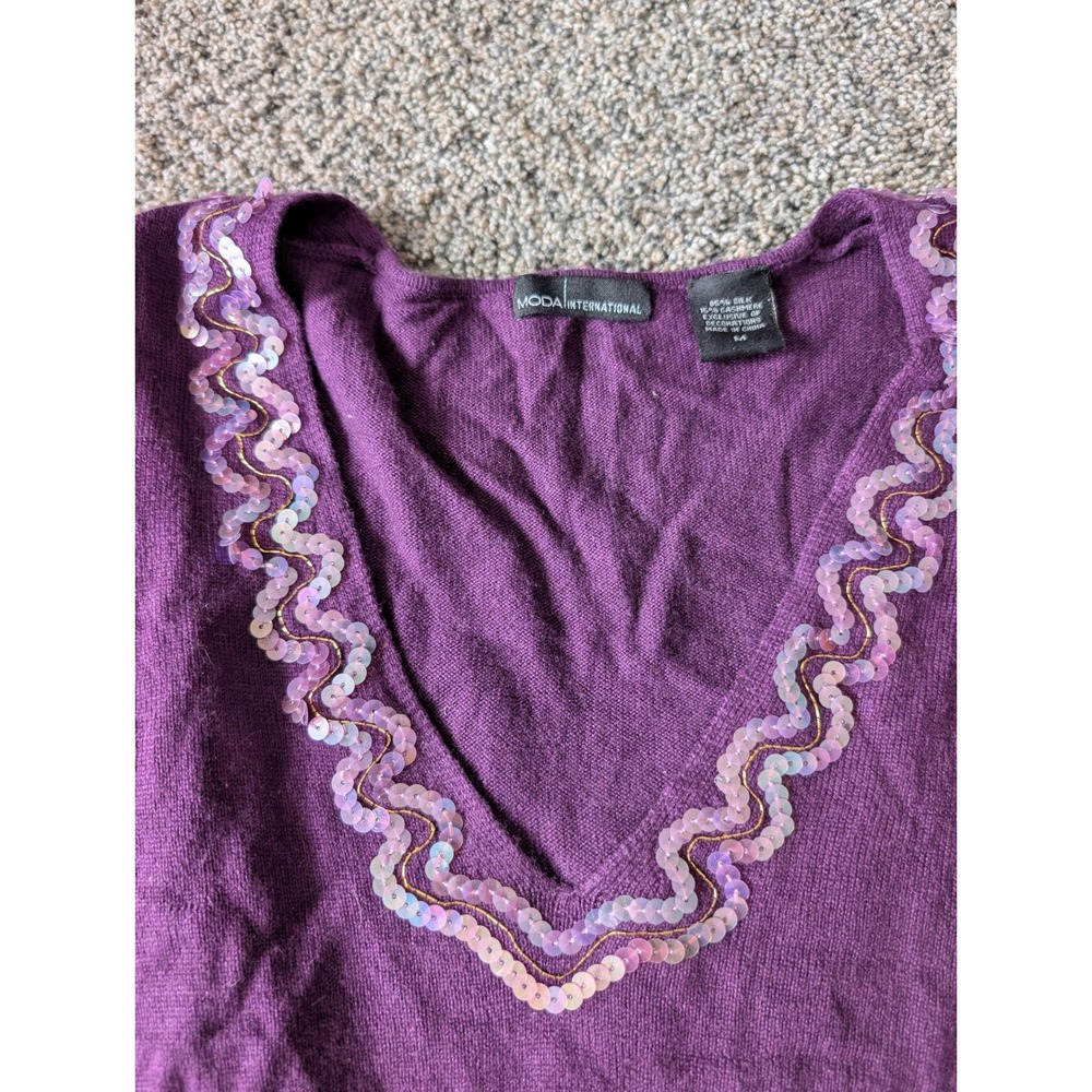 Moda International Purple Silk Cashmere Sequin V-Neck Y2K Sweater M - Picture 3 of 4